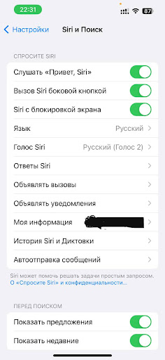 Настройки Сири и поиска